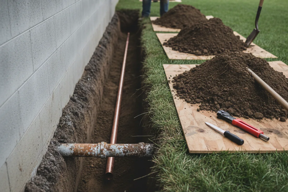 Excavated water line trench during Water Heater Repair in Peebles